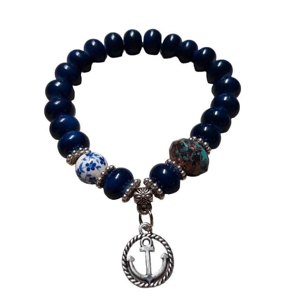 Bohemian Layered Glass Beaded Charm Bracelet (Sapphire)